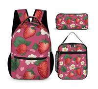 HETVBNS Pink Strawberry Backpack Set 3 Piece, Durable Backpack Insulated Lunch Bag Portable Pencil Case for Men Women