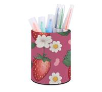 HETVBNS Pink Strawberry Pen Holder for Desk PU Leather Round Desk Organizer Multifunctional Makeup Brush Storage Aesthetic Desktop Supplies Stylish Pencil Holder for Office & Home