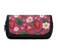 HETVBNS Pink Strawberry Pencil Case Extra Large, Double Layer Pencil Pouch with Zipper, Portable Cosmetic Bags for Travel, Office Stationery Organizer for Women Men