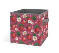 HETVBNS Pink Strawberry Storage Bins 10.6 Inch, Oxford Fabric Foldable Storage Cube Organizer Basket with Handles, Fabric Bins for Closet Shelves, Toys, Clothes, Books, Bedroom