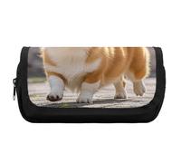 HETVBNS Playful Corgi Pencil Case Extra Large, Double Layer Pencil Pouch with Zipper, Portable Cosmetic Bags for Travel, Office Stationery Organizer for Women Men