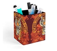 HETVBNS Prosperity in The Year of The Tiger Pen Holder for Desk - PU Leather Square Desk Organizer Travel Makeup Brush Storage Stylish Pencil Holder Desktop Stationery Organizer for Office & Home