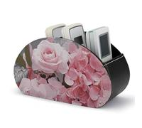HETVBNS PU Leather Remote Control Holder Pink Rose Hydrangea Remote Control Storage Box With 5 Compartments Desktop Caddy Storage Organizer Minimalism TV Remote Caddy
