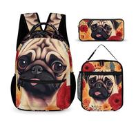 HETVBNS Pug Flower Backpack Set 3 Piece, Durable Backpack Insulated Lunch Bag Portable Pencil Case for Men Women