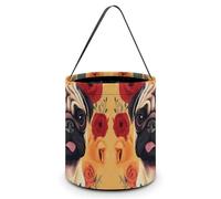 HETVBNS Pug Flower Candy Bag Halloween Trick Or Treat Bucket 7.9x8.3in, Reusable Gift Bags for Party Holiday Wedding