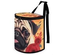 HETVBNS Pug Flower Car Trash Can with Lid, Leakproof Hanging Automotive Trash Bin, Waterproof Garbage Storage Bag for Vehicles, RV, Bathroom, Office