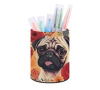 HETVBNS Pug Flower Pen Holder for Desk PU Leather Round Desk Organizer Multifunctional Makeup Brush Storage Aesthetic Desktop Supplies Stylish Pencil Holder for Office & Home