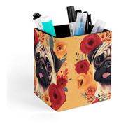 HETVBNS Pug Flower Pen Holder for Desk - PU Leather Square Desk Organizer Travel Makeup Brush Storage Stylish Pencil Holder Desktop Stationery Organizer for Office & Home