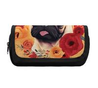 HETVBNS Pug Flower Pencil Case Extra Large, Double Layer Pencil Pouch with Zipper, Portable Cosmetic Bags for Travel, Office Stationery Organizer for Women Men