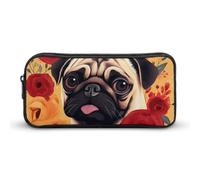 HETVBNS Pug Flower Pencil Case Large Capacity, Durable Pencil Pouch Portable Small Cosmetic Bag with Metal Zipper, Simple Makeup Pouch Aesthetic Toiletry Bag for Travel Office
