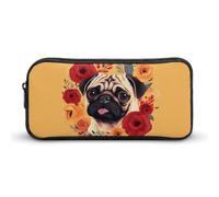 HETVBNS Pug Flower Pencil Case Large Capacity Zipper Pouch, Durable Pencil Box Organizer, Portable Small Cosmetic Bag for Office, Travel
