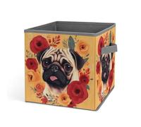 HETVBNS Pug Flower Storage Bins 10.6 Inch, Oxford Fabric Foldable Storage Cube Organizer Basket with Handles, Fabric Bins for Closet Shelves, Toys, Clothes, Books, Bedroom