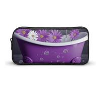 HETVBNS Purple Bathtub And Daisy Pencil Case Large Capacity Zipper Pouch, Durable Pencil Box Organizer, Portable Small Cosmetic Bag for Office, Travel