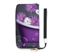 HETVBNS Purple Bathtub And Daisy Wallet, Elegant Wristlet Wallet with Multi-Card Slots, PU Leather Long Purse for Women, Men