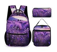 HETVBNS Purple Lavender Backpack Set 3 Piece, Durable Backpack Insulated Lunch Bag Portable Pencil Case for Men Women