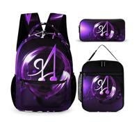 HETVBNS Purple Music Symbol Backpack Set 3 Piece, Durable Backpack Insulated Lunch Bag Portable Pencil Case for Men Women