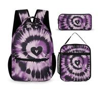 HETVBNS Purple Tie Dye Backpack Set 3 Piece, Durable Backpack Insulated Lunch Bag Portable Pencil Case for Men Women