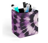 HETVBNS Purple Tie Dye Pen Holder for Desk - PU Leather Square Desk Organizer Travel Makeup Brush Storage Stylish Pencil Holder Desktop Stationery Organizer for Office & Home