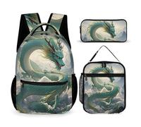 HETVBNS Qinglong Backpack Set 3 Piece, Durable Backpack Insulated Lunch Bag Portable Pencil Case for Men Women