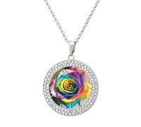 HETVBNS - Rainbow Rose Necklace, Round Alloy Pendant with Diamond, Elegant Pendant Necklace for Women Men, Una talla, Metal, Alloy.