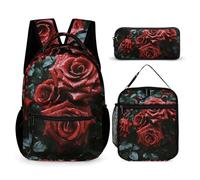 HETVBNS Red And Black Rose Backpack Set 3 Piece, Durable Backpack Insulated Lunch Bag Portable Pencil Case for Men Women