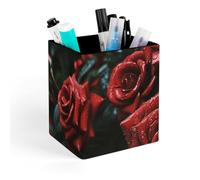 HETVBNS Red And Black Rose Pen Holder for Desk - PU Leather Square Desk Organizer Travel Makeup Brush Storage Stylish Pencil Holder Desktop Stationery Organizer for Office & Home