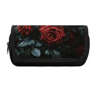 HETVBNS Red And Black Rose Pencil Case Extra Large, Double Layer Pencil Pouch with Zipper, Portable Cosmetic Bags for Travel, Office Stationery Organizer for Women Men