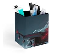 HETVBNS Red Flame Fighter Pen Holder for Desk - PU Leather Square Desk Organizer Travel Makeup Brush Storage Stylish Pencil Holder Desktop Stationery Organizer for Office & Home