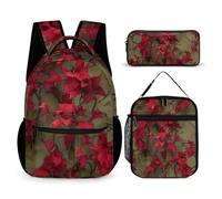 HETVBNS Red Flower Vine Backpack Set 3 Piece, Durable Backpack Insulated Lunch Bag Portable Pencil Case for Men Women