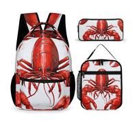 HETVBNS Red Lobster Print Backpack Set 3 Piece, Durable Backpack Insulated Lunch Bag Portable Pencil Case for Men Women