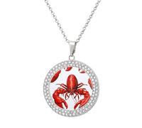 HETVBNS Red Lobster Print Necklace, Alloy Round Pendant with Diamond, Elegant Pendant Necklace for Women Men, Una talla, Metal, Alloy.