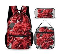 HETVBNS Red Rose Flower Cluster Backpack Set 3 Piece, Durable Backpack Insulated Lunch Bag Portable Pencil Case for Men Women