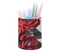 HETVBNS Red Rose Flower Cluster Pen Holder for Desk PU Leather Round Desk Organizer Multifunctional Makeup Brush Storage Aesthetic Desktop Supplies Stylish Pencil Holder for Office & Home
