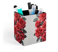 HETVBNS Red Rose Flower Cluster Pen Holder for Desk - PU Leather Square Desk Organizer Travel Makeup Brush Storage Stylish Pencil Holder Desktop Stationery Organizer for Office & Home