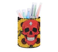 HETVBNS Red Skull & Yellow Sunflowers Pen Holder for Desk PU Leather Round Desk Organizer Multifunctional Makeup Brush Storage Aesthetic Desktop Supplies Stylish Pencil Holder for Office & Home