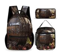HETVBNS Red Wine Barrel Backpack Set 3 Piece, Durable Backpack Insulated Lunch Bag Portable Pencil Case for Men Women