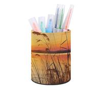 HETVBNS Reeds by The River Pen Holder for Desk PU Leather Round Desk Organizer Multifunctional Makeup Brush Storage Aesthetic Desktop Supplies Stylish Pencil Holder for Office & Home