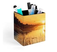 HETVBNS Reeds by The River Pen Holder for Desk - PU Leather Square Desk Organizer Travel Makeup Brush Storage Stylish Pencil Holder Desktop Stationery Organizer for Office & Home