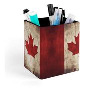 HETVBNS Retro Canada Flag Pen Holder for Desk - PU Leather Square Desk Organizer Travel Makeup Brush Storage Stylish Pencil Holder Desktop Stationery Organizer for Office & Home