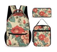 HETVBNS Retro Flower Backpack Set 3 Piece, Durable Backpack Insulated Lunch Bag Portable Pencil Case for Men Women