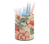 HETVBNS Retro Flower Pen Holder for Desk PU Leather Round Desk Organizer Multifunctional Makeup Brush Storage Aesthetic Desktop Supplies Stylish Pencil Holder for Office & Home
