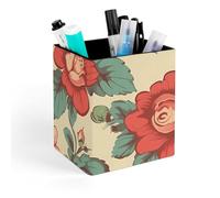 HETVBNS Retro Flower Pen Holder for Desk - PU Leather Square Desk Organizer Travel Makeup Brush Storage Stylish Pencil Holder Desktop Stationery Organizer for Office & Home