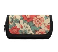 HETVBNS Retro Flower Pencil Case Extra Large, Double Layer Pencil Pouch with Zipper, Portable Cosmetic Bags for Travel, Office Stationery Organizer for Women Men