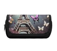 HETVBNS Romantic Paris Butterfly Eiffel Pencil Case Extra Large, Double Layer Pencil Pouch with Zipper, Portable Cosmetic Bags for Travel, Office Stationery Organizer for Women Men