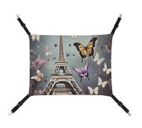 HETVBNS Romantic Paris Butterfly Eiffel Pet Hammock for Cats & Dogs, Soft Breathable Canvas Hanging Hammock with Adjustable Straps, Comfortable & Durable Hanging Bed for Small to Medium Pets