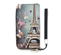HETVBNS Romantic Paris Butterfly Eiffel Wallet, Elegant Wristlet Wallet with Multi-Card Slots, PU Leather Long Purse for Women, Men