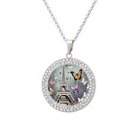 HETVBNS - Romantic Paris Butterfly Necklace, Alloy Round Pendant with Diamond, Elegant Pendant Necklace for Women Men, Una talla, Metal, Alloy.