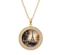 HETVBNS Romantic Paris Eiffel Tower Necklace, Round Pendant Alloy with Diamond, Elegant Pendant Necklace for Women Men, Una talla, Metal, Alloy.
