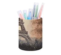 HETVBNS Romantic Paris Eiffel Tower Pen Holder for Desk PU Leather Round Desk Organizer Multifunctional Makeup Brush Storage Aesthetic Desktop Supplies Stylish Pencil Holder for Office & Home