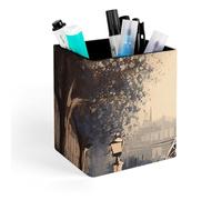 HETVBNS Romantic Paris Eiffel Tower Pen Holder for Desk - PU Leather Square Desk Organizer Travel Makeup Brush Storage Stylish Pencil Holder Desktop Stationery Organizer for Office & Home